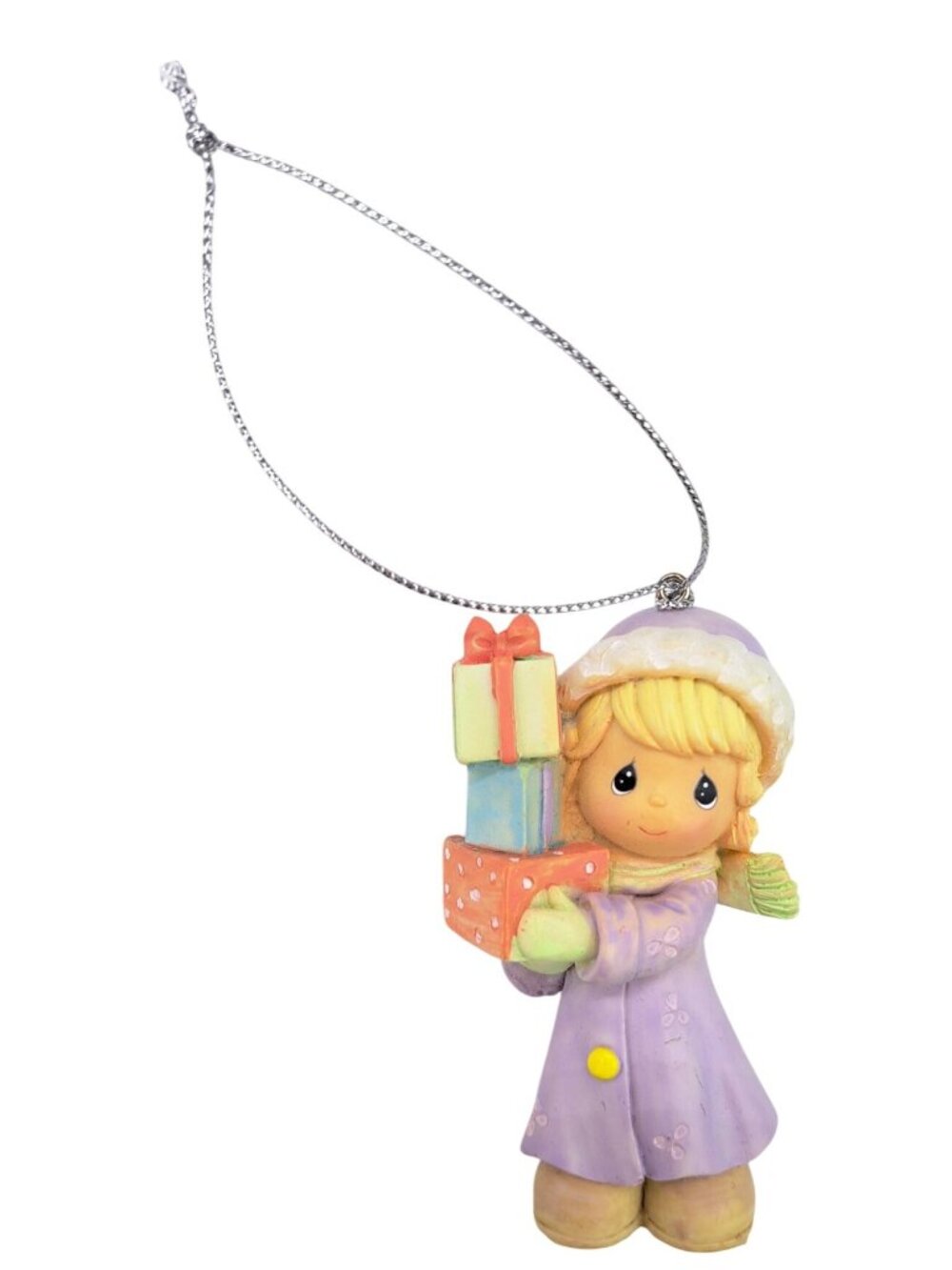 Vintage Precious Moments Christmas Ornament Girl Holding Gift Purple Coat Blonde - Picture 3 of 8